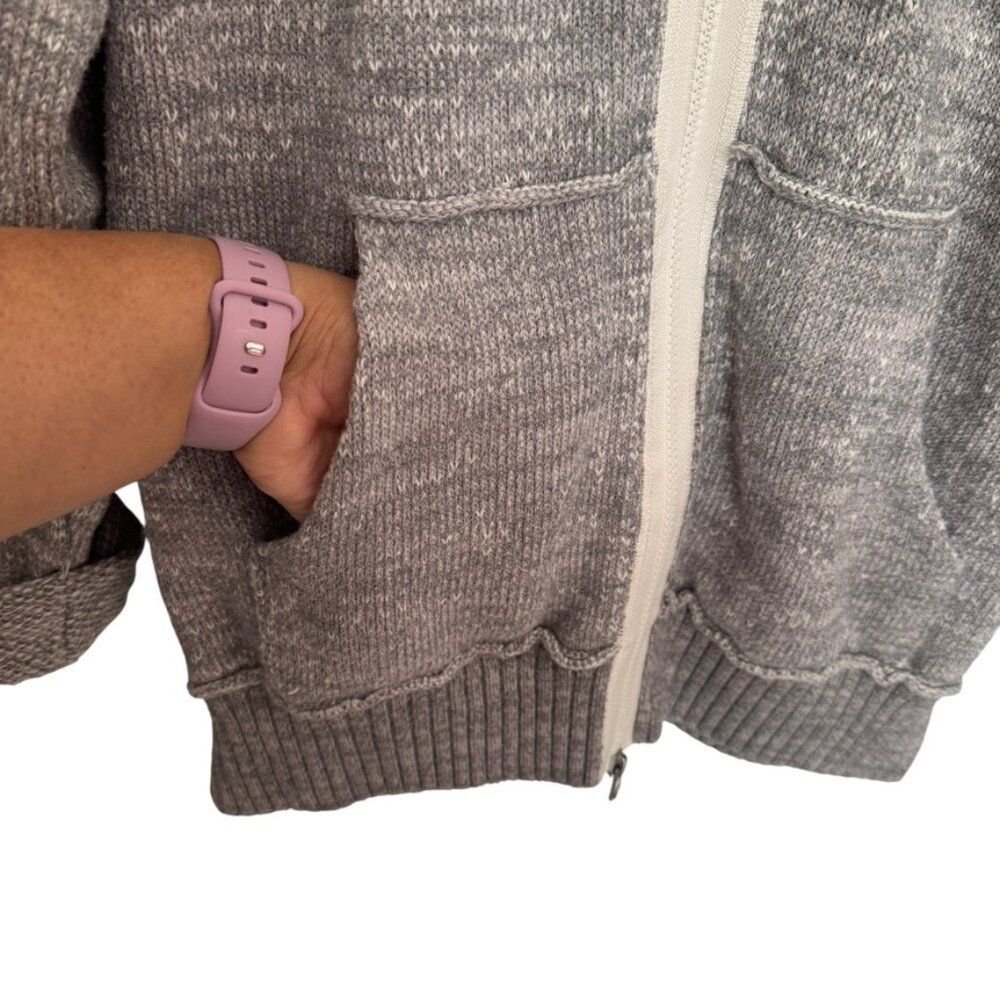 Free People Sz M In Bloom Knit Hoodie Sweater Gray White Oversized Full Zip Boho - Picture 7 of 15